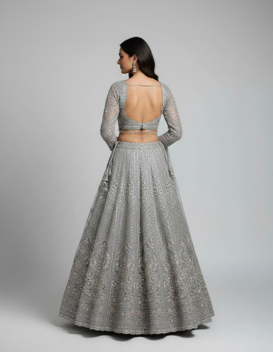 Silver Grey Net Lehenga with Heavy Embroidery