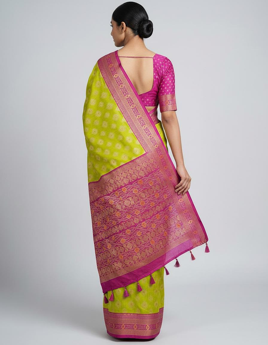 Lime Green Silk Saree with Rani Pink Border & Unstitched Blouse