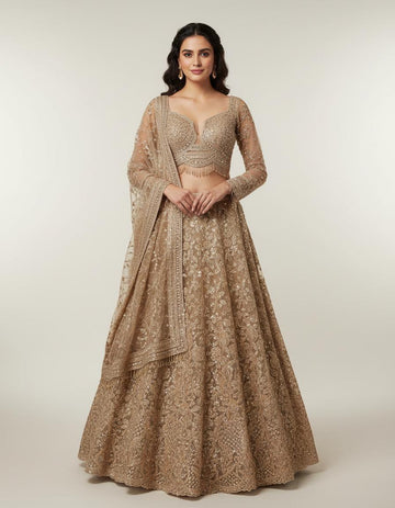 Golden Beige Net Lehenga with Heavy Detailing
