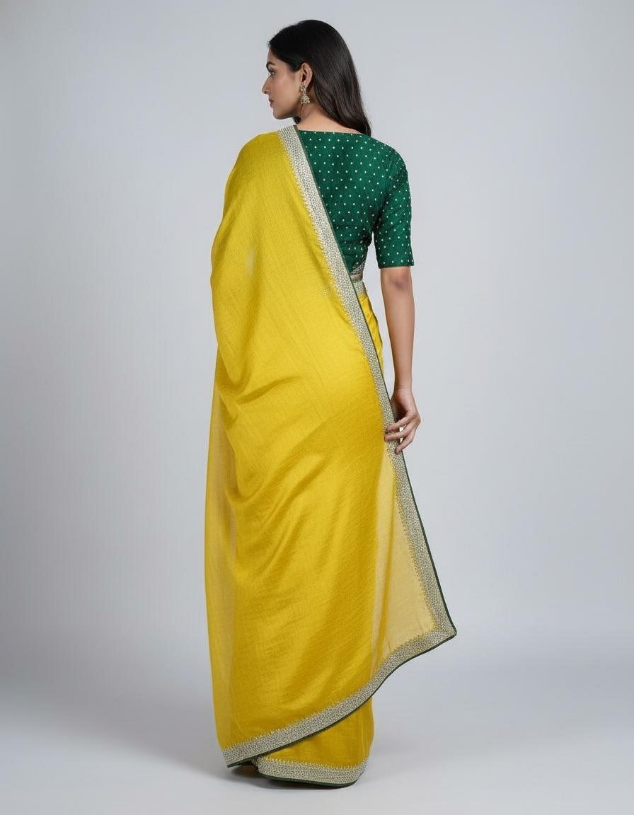 Dhani Yellow Raw Silk Saree with Elegant Border & Green Contrast