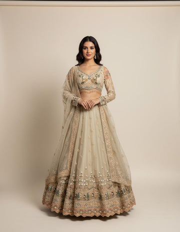 Champagne Beige Tissue Embroidered Lehenga Set