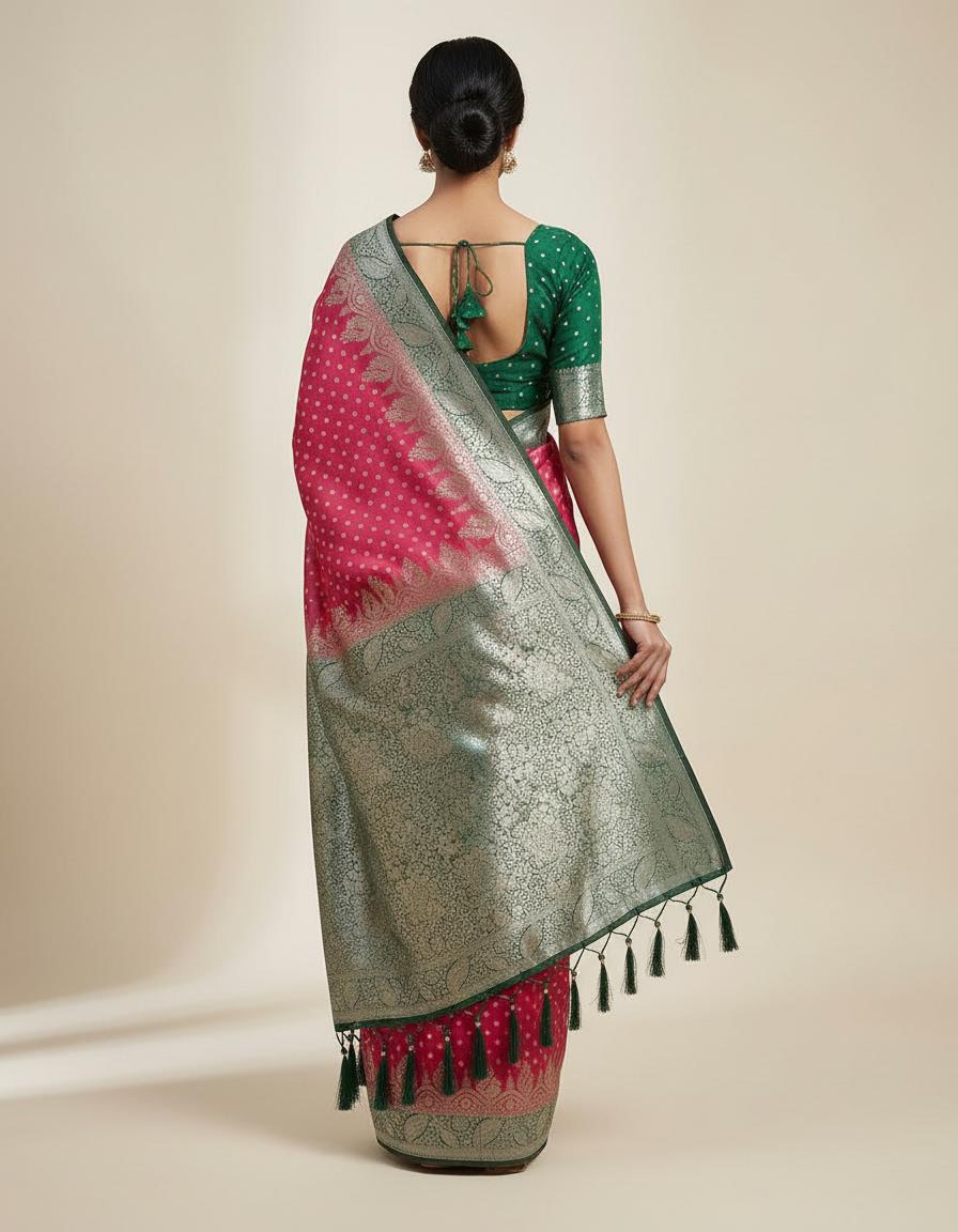Rani Silk Saree with Contrast Green Unstitched Blouse
