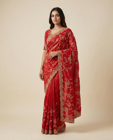 Cherry Red Satin Organza Saree with Embroidery Work