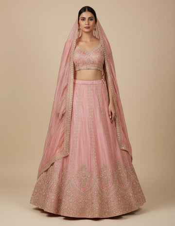 Premium Pink Organza Embroidered Lehenga Set with Heavy Blouse