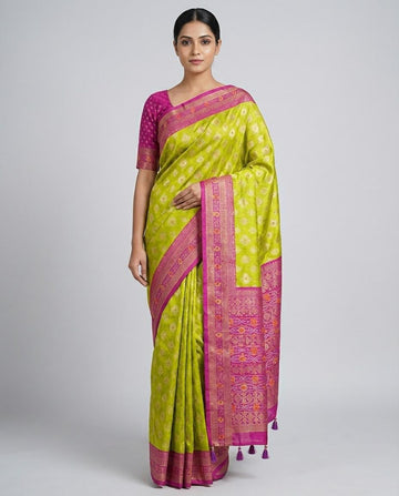 Lime Green Silk Saree with Rani Pink Border & Unstitched Blouse