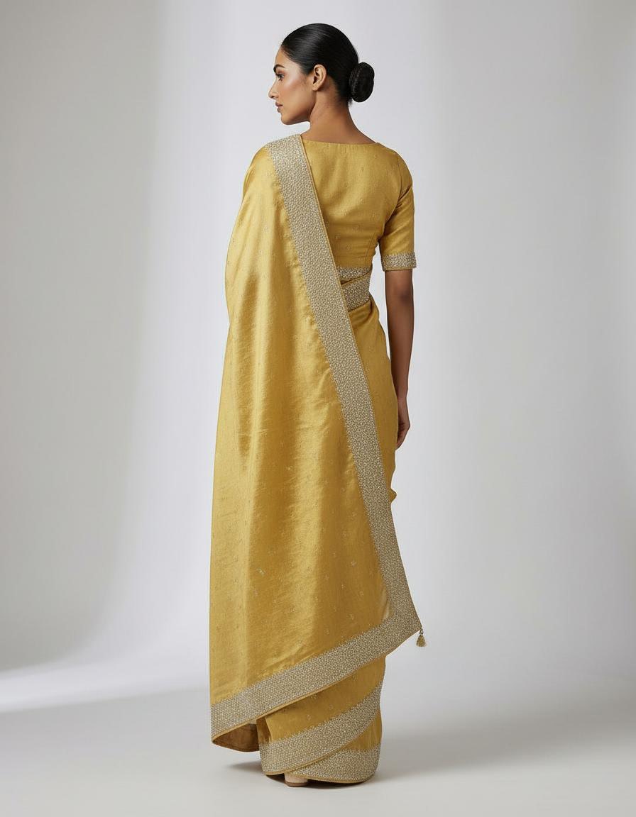 Golden Organza Saree with Elegant Border & Unstitched Blouse