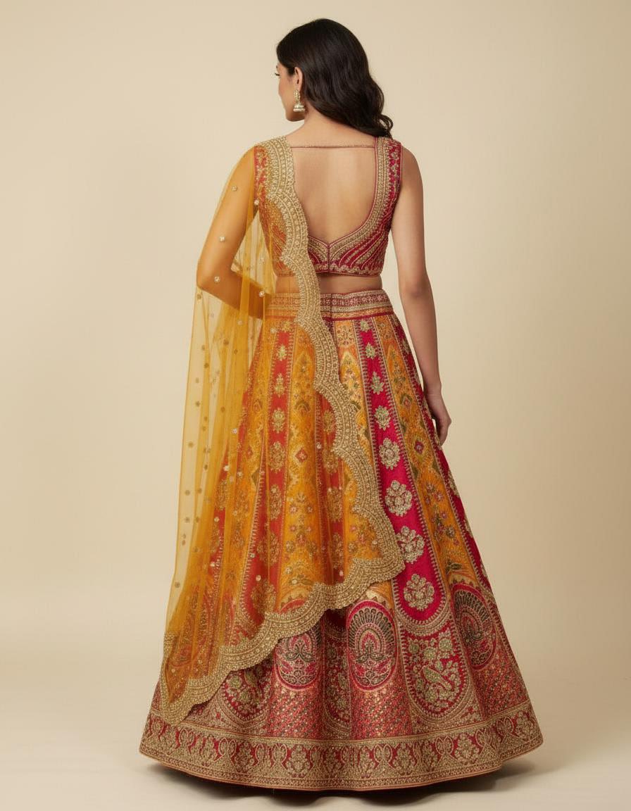 Banarasi Multicolor Silk Lehenga Set with Orange Cutwork Dupatta