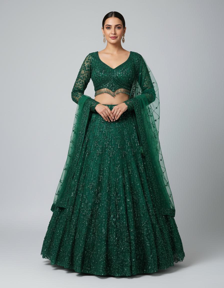 Net Embroidered Lehenga Set – Midnight Blue & Emerald Green