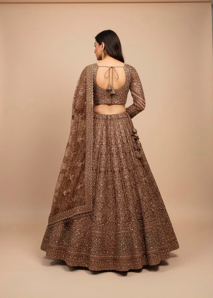 Chocolate Brown Net Lehenga with Heavy Embroidery & Detailing