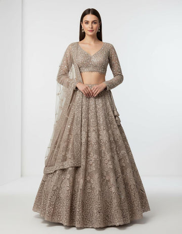 Beige Embroidered Lehenga Set