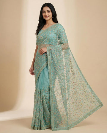 Sky Blue Organza Hand Embroidered Saree