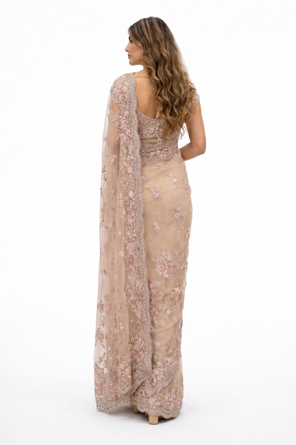 Champagne Gold Hand Embroidered Net Saree with Stitched Blouse