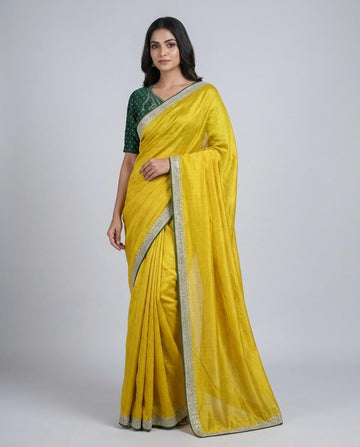 Dhani Yellow Raw Silk Saree with Elegant Border & Green Contrast