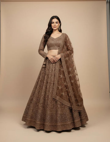 Chocolate Brown Net Lehenga with Heavy Embroidery & Detailing
