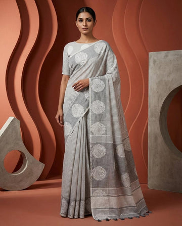 Grey Cotton Saree with Subtle Print & Elegant Border