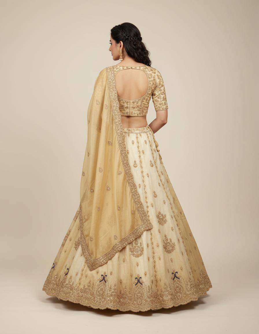 Golden Silk Embroidered Lehenga Set with Heavy Blouse & Dupatta