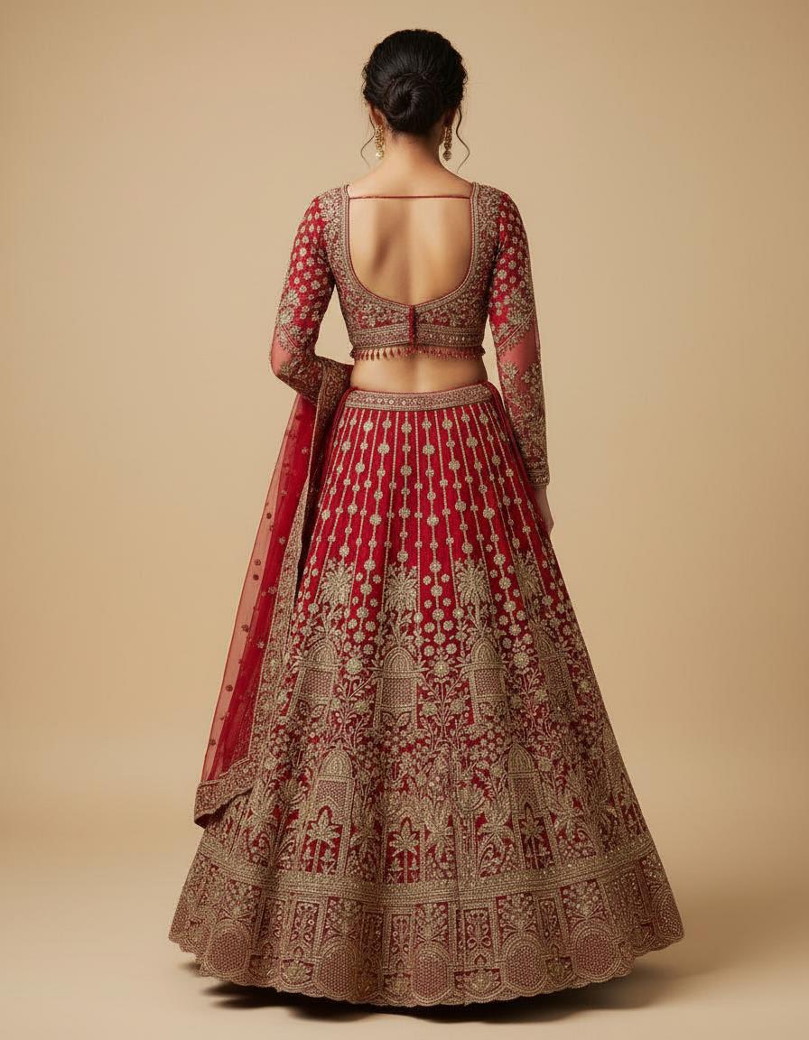 Bridal Red Net Lehenga Set with Heavy Embroidery