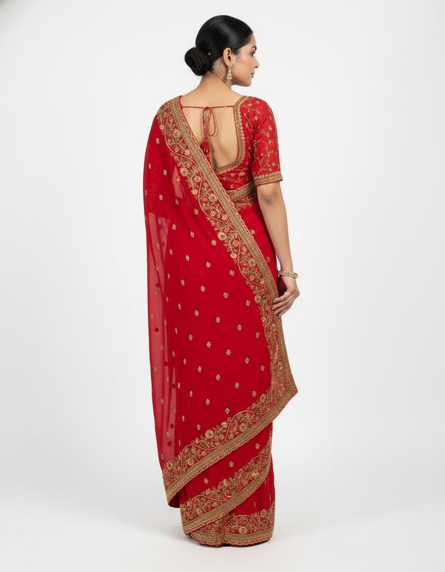 Elegant Red Georgette Saree with Resham Border Work