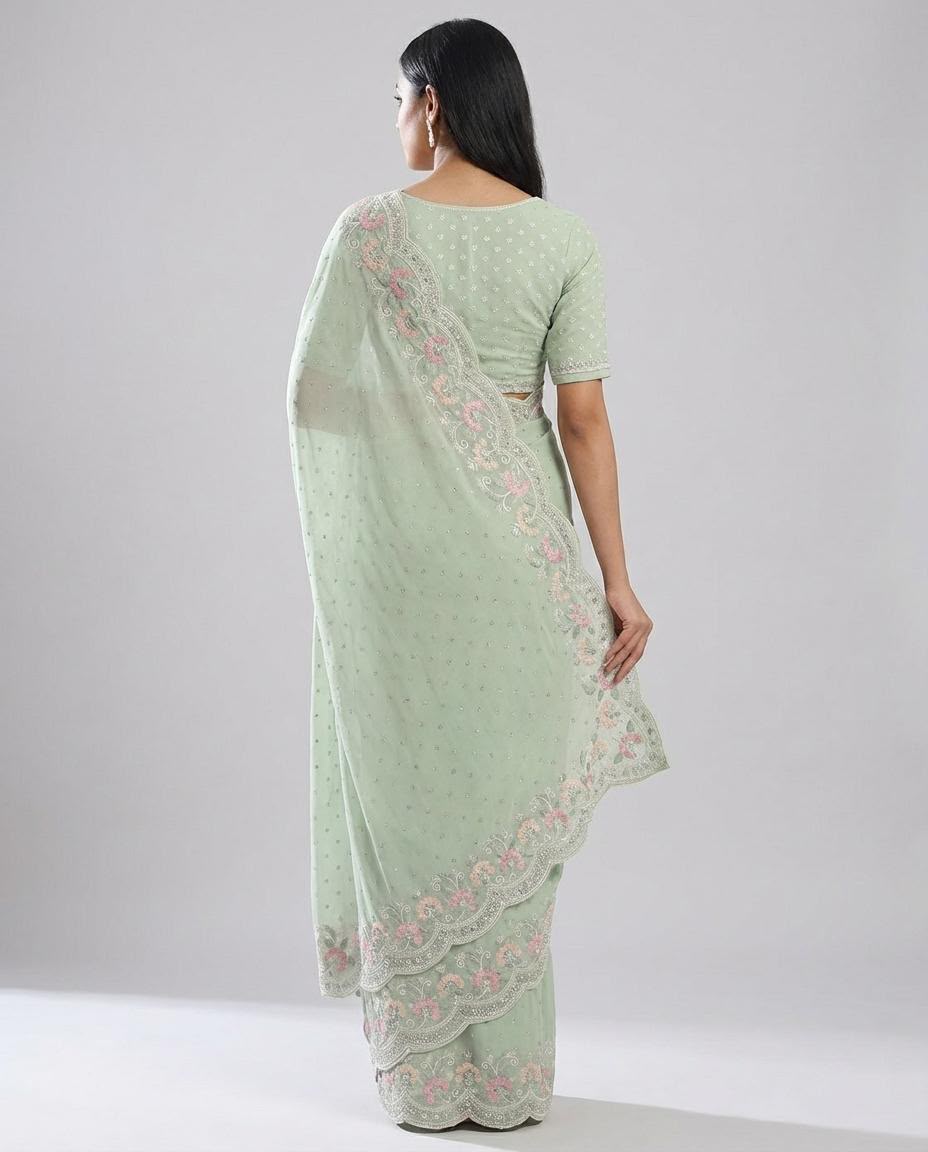 Light Pistachio Georgette Embroidered Saree with Unstitched Blouse