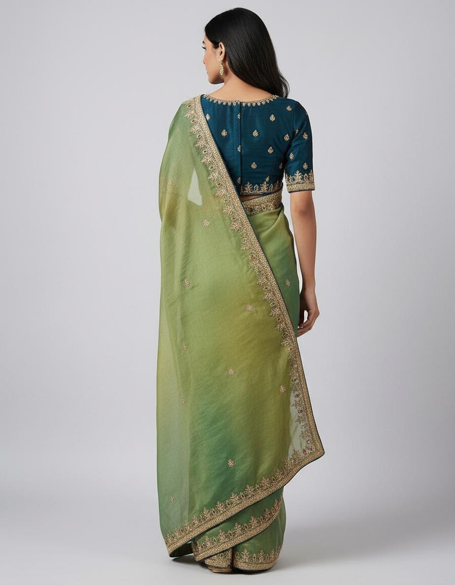 Pista Organza Saree with Unstitched Blouse