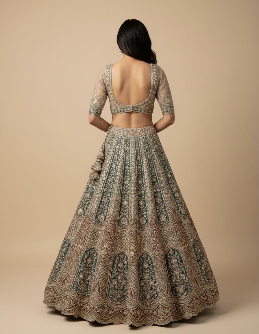 Champagne Gold Lehenga Set with Olive Green Intricate Detailing