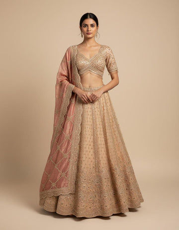 Warm Peach Beige Tissue Lehenga Set with Intricate Embroidery