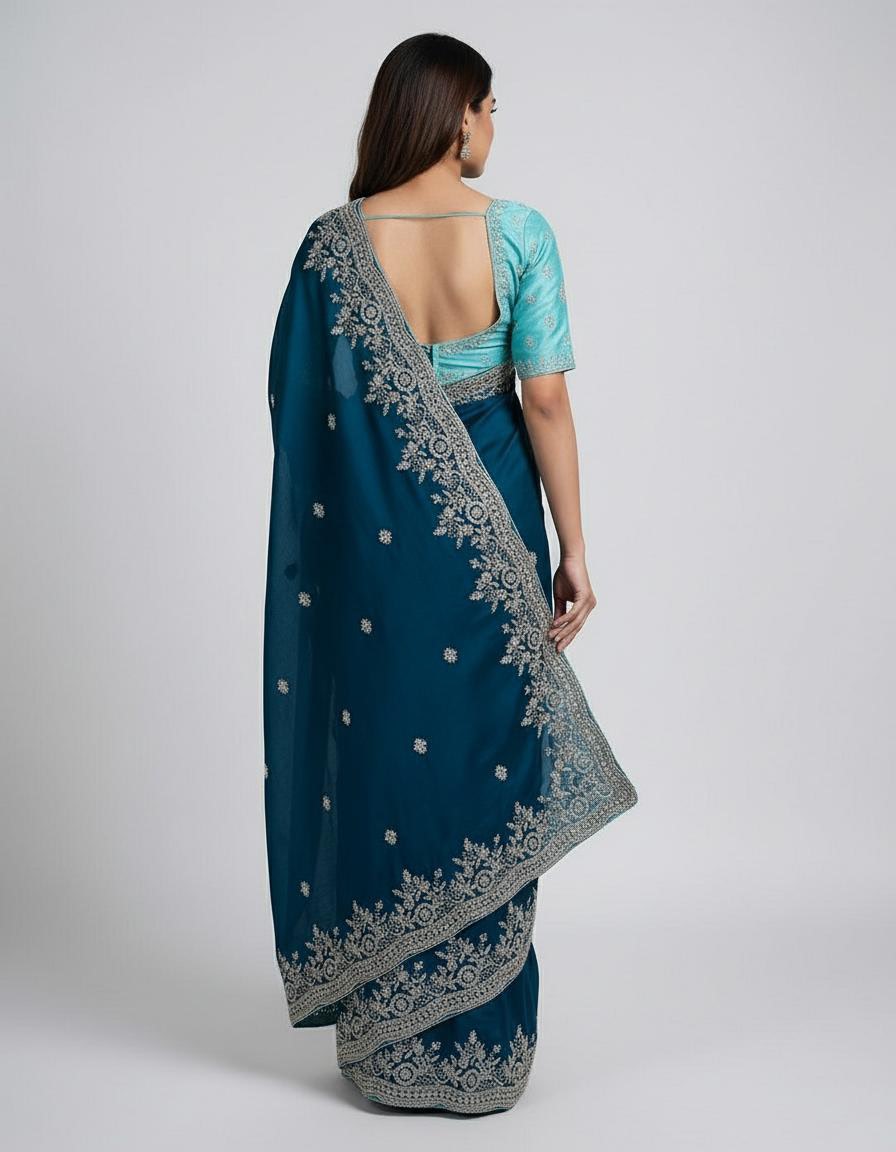 Premium Blue Crepe Saree with Unstitched Blouse