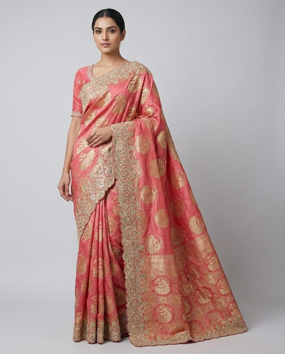 Reddish Pink Silk Saree with Cutwork Border & Rich Zari Design