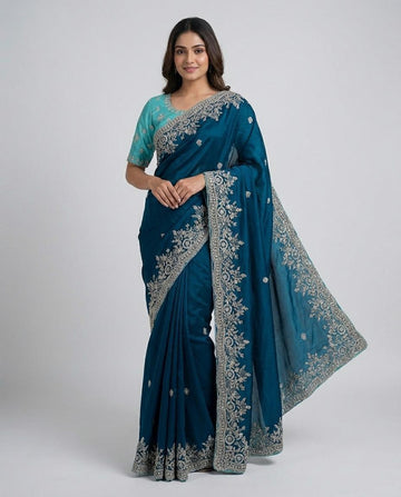 Premium Blue Crepe Saree with Unstitched Blouse